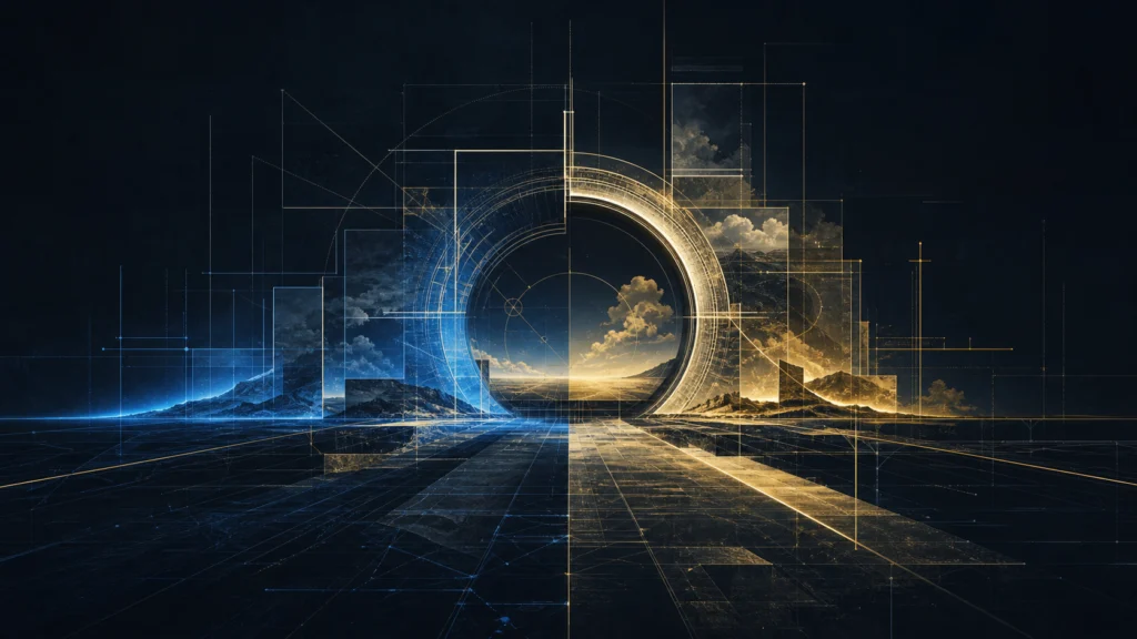 Truth Is Engineered – The Hidden Architecture Behind What You Believe 1 Blueprint-like geometry assembling a horizon for an article about how belief and truth are engineered.